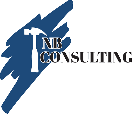 Logo of NB Consulting featuring a white hammer silhouette on a blue abstract shape, with the words "NB Consulting" in white text on the right.